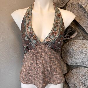 Laundry Floral Y2K Halter Babydoll Top Brown Cream Blue Whismical Boho Coachella